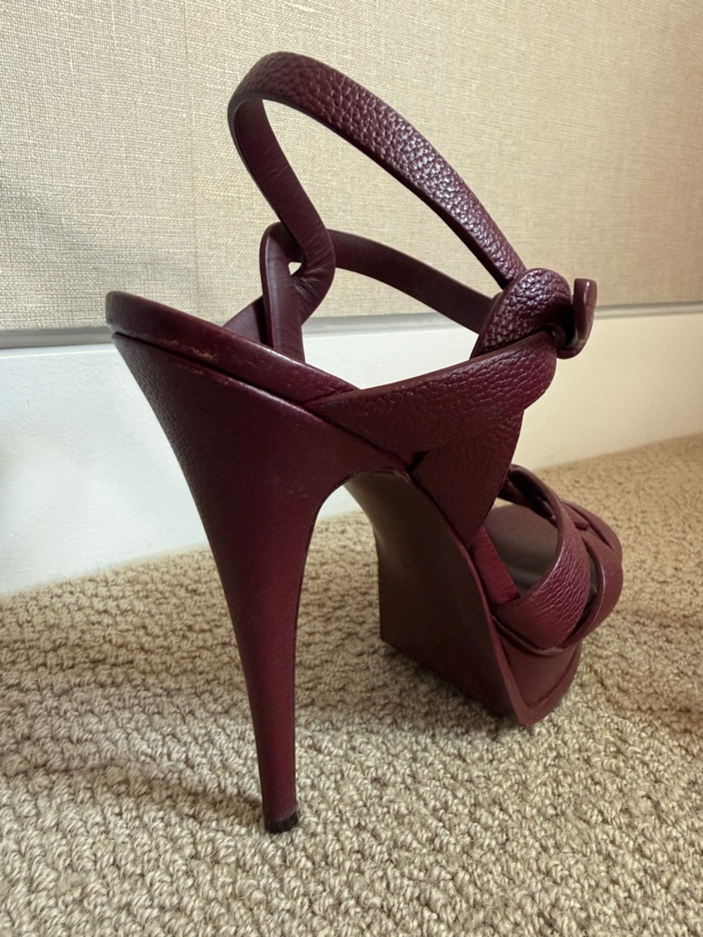 Saint Laurent Burgundy Leather Woven T-Strap Heels - Picture 5 of 7